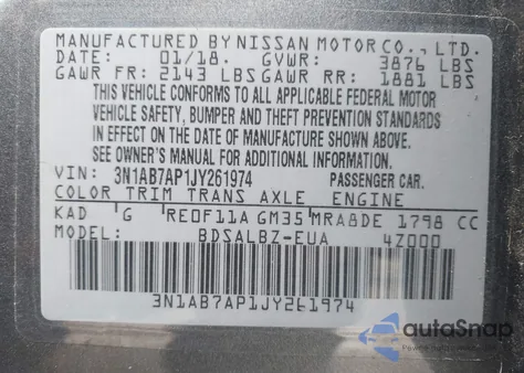 2018 Nissan Sentra S z USA, uszkodzony, nr VIN 3N1AB7AP1JY261974